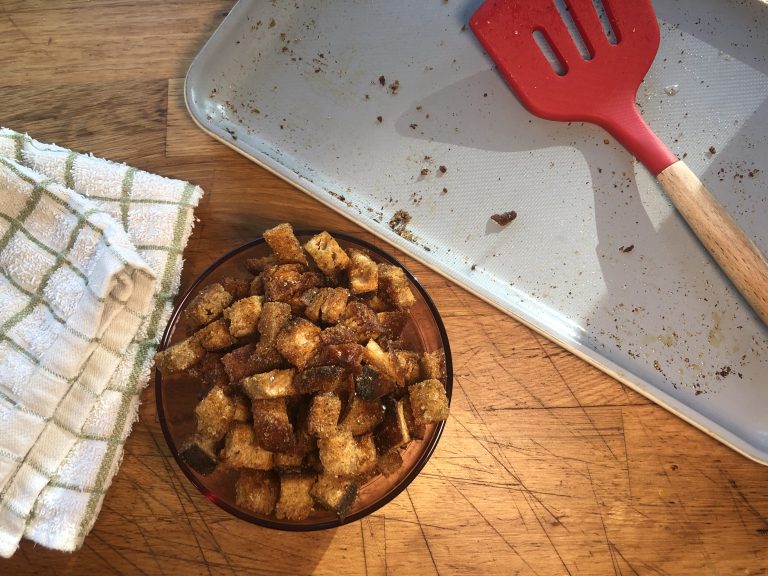 Seasoned sourdough croutons in bowl