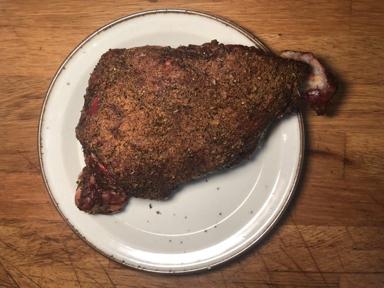Smoke whole lamb leg